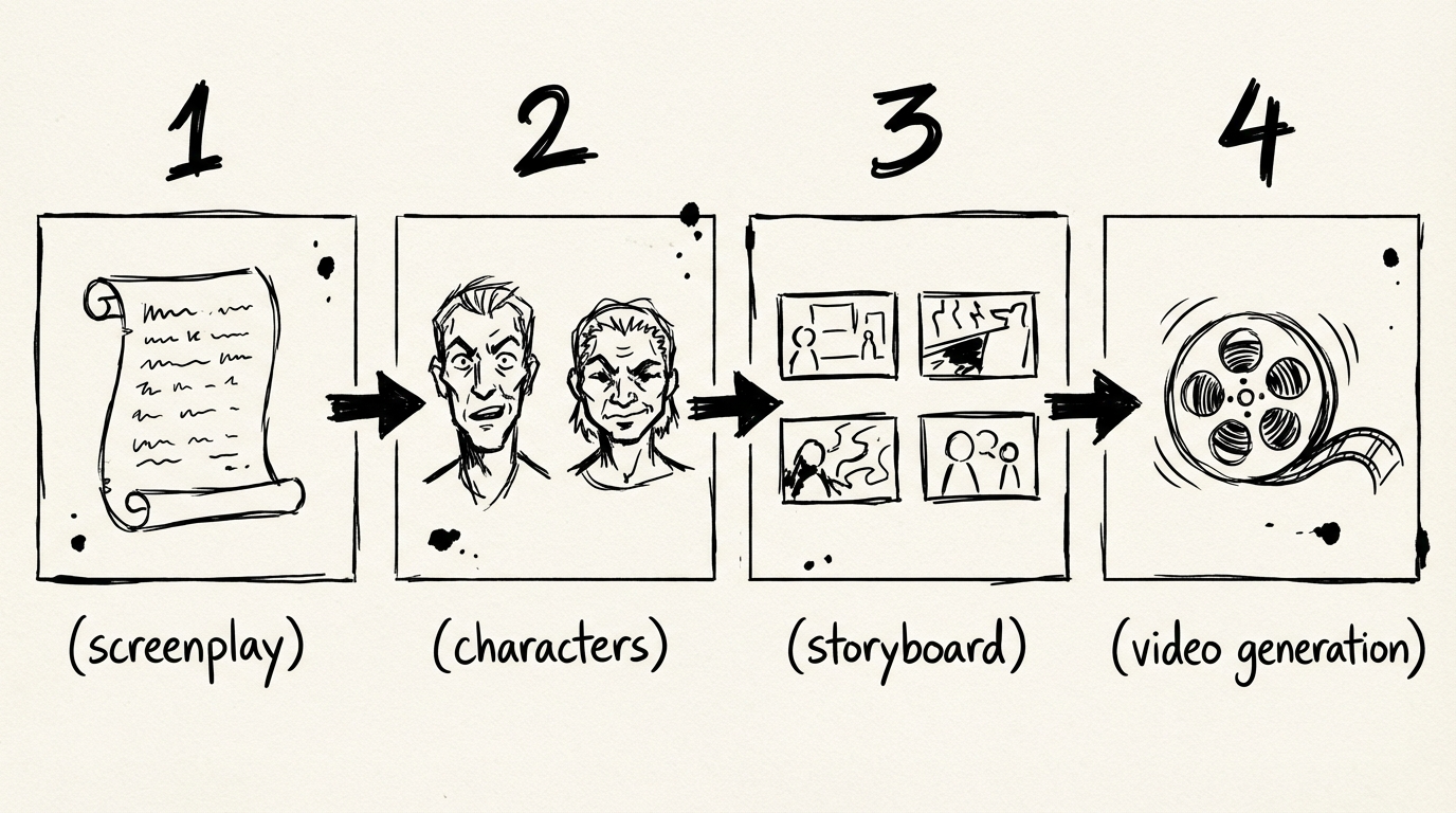 Seven parts of a Wan AI video prompt - subject, action, setting, framing, camera, look, and constraints arranged as hand-drawn panels - minimalist black and white manga style