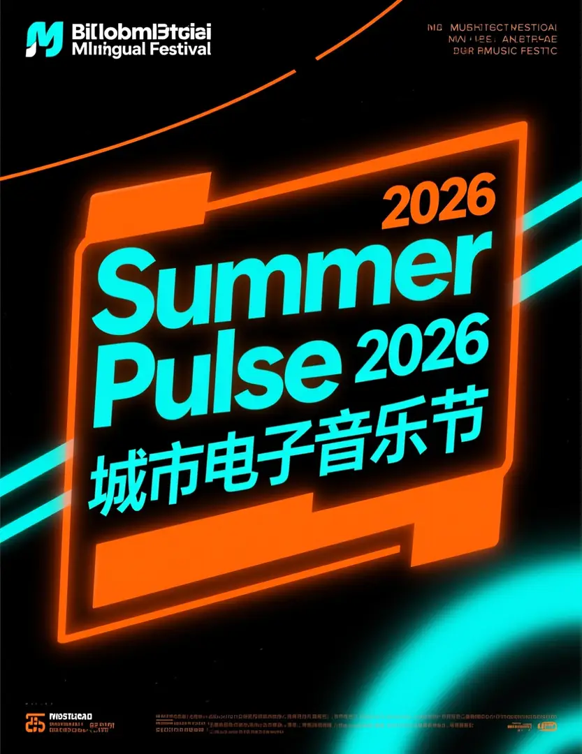 Un cartel de festival bilingüe con un titular grande «Summer Pulse 2026» y texto chino en negrita.