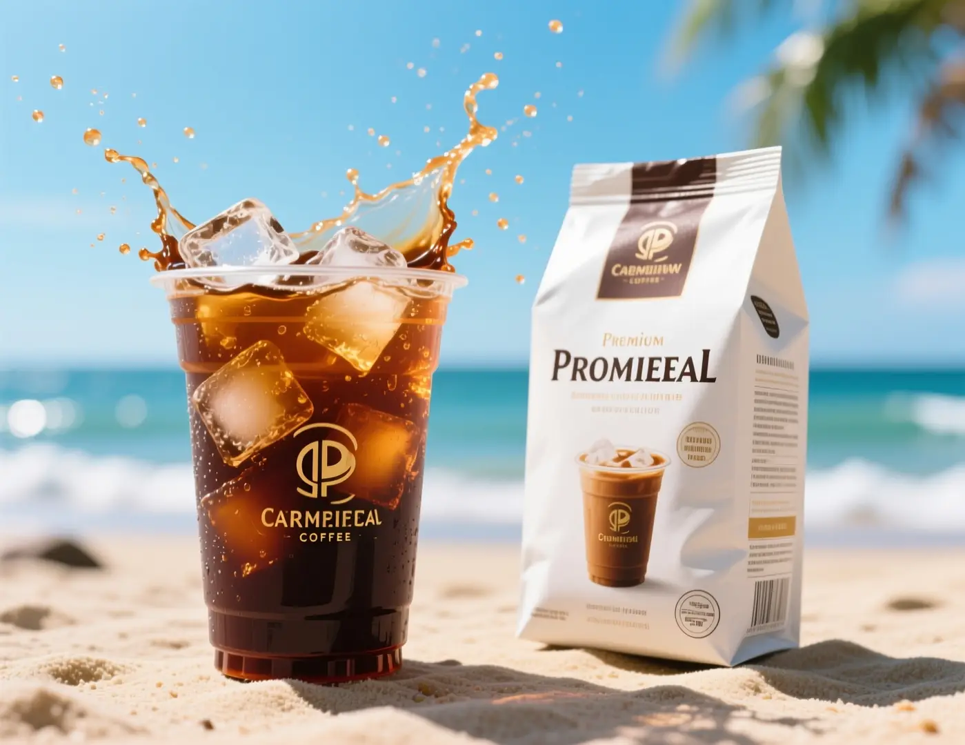 Una visual de anuncio de café frío con café frío salpicando en un fondo de playa soleada.