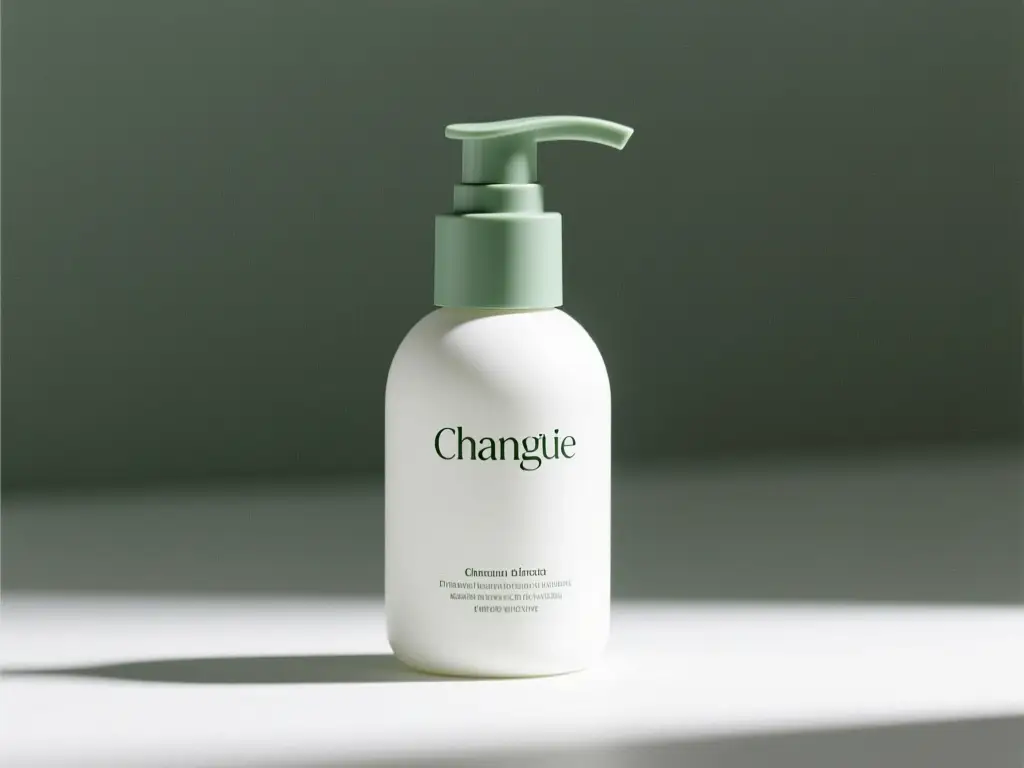 Una botella dosificadora de cuidado facial de color blanco mate con acentos de verde salvia generada a partir de una actualización de empaque impulsada por referencias prompt.